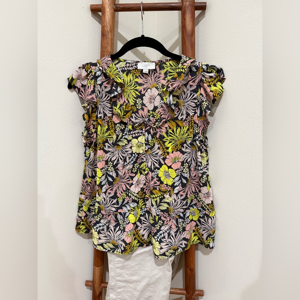 Floral Ruffle Collar Drop Waist Button Down Blouse